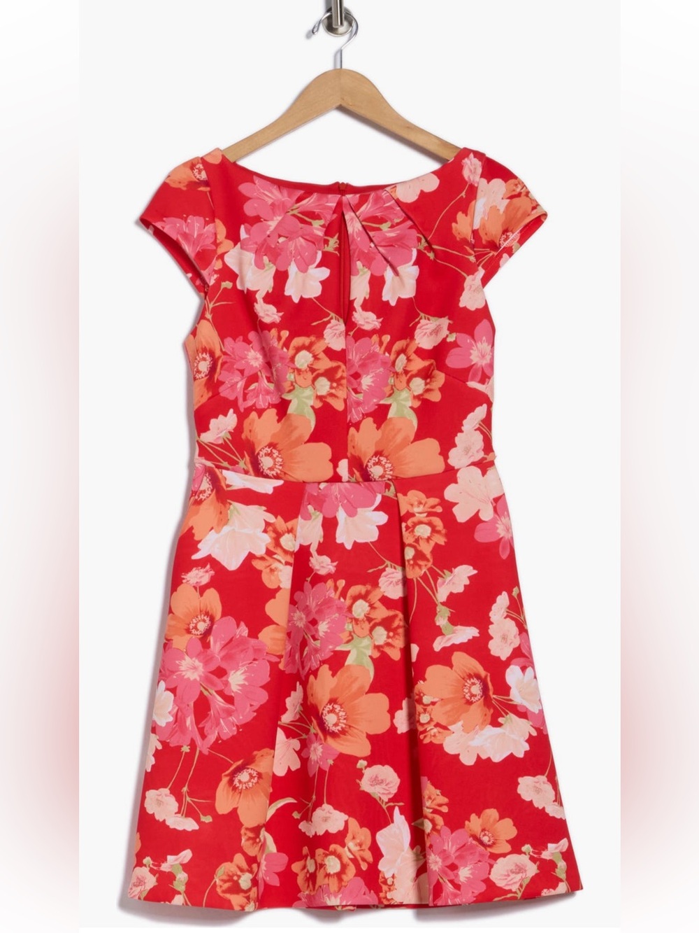 VINCE CAMUTO Scuba Floral Print Fit-and-Flare Dress, cap sleeve, pleated